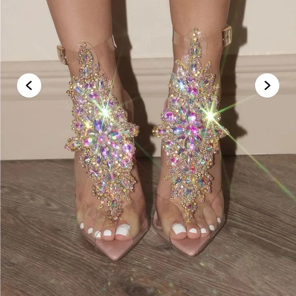 Fashion Nova Clear Heels with Gold and Multicolor Embellishments - Picture 1 of 5